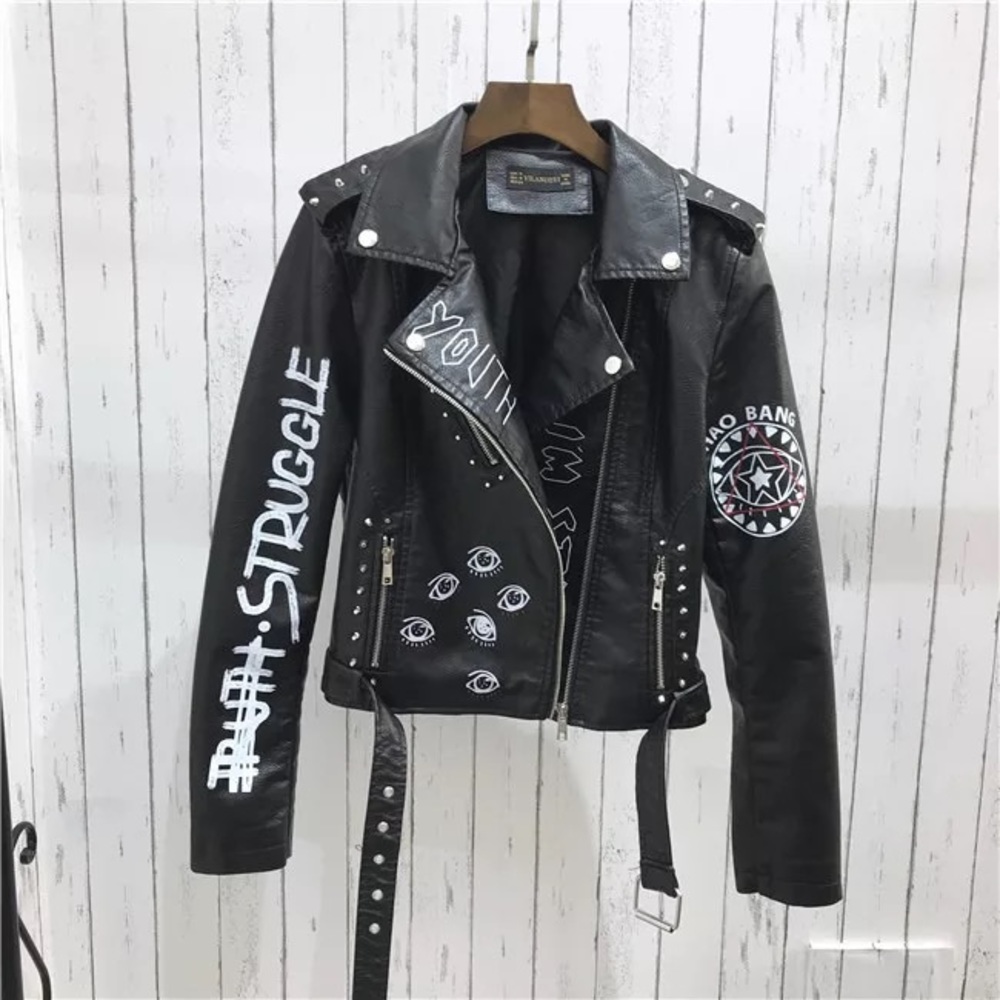 Black Leather Jacket with Graphic Details